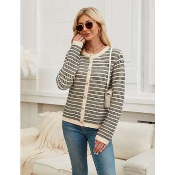 Blooming Jelly Women's Striped Cardigan Sweaters Dressy Casual Chunky Coats Crew Neck Button Down Ja...