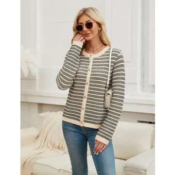 Blooming Jelly Women's Striped Cardigan Sweaters Dressy Casual Chunky Coats Crew Neck Button Down Ja...