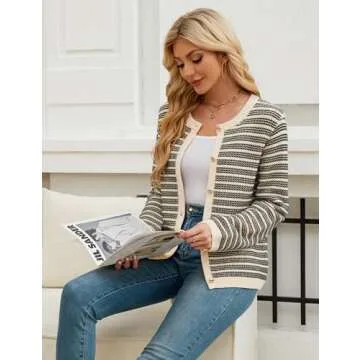 Blooming Jelly Women's Striped Cardigan Sweaters Dressy Casual Chunky Coats Crew Neck Button Down Jackets 2024 Fall Fashion Outfits (Apricot,Small)