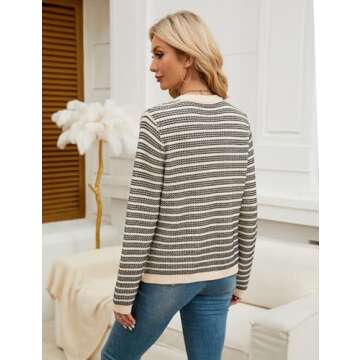 Blooming Jelly Women's Striped Cardigan Sweaters Dressy Casual Chunky Coats Crew Neck Button Down Jackets 2024 Fall Fashion Outfits (Apricot,Small)