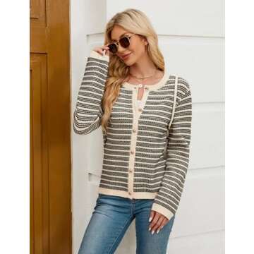 Blooming Jelly Women's Striped Cardigan Sweaters Dressy Casual Chunky Coats Crew Neck Button Down Jackets 2024 Fall Fashion Outfits (Apricot,Small)