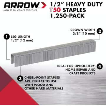 Arrow 508 Heavy Duty T50 1/2-Inch Leg Length, 3/8-Inch Crown, Staples for Upholstery, Construction, ...