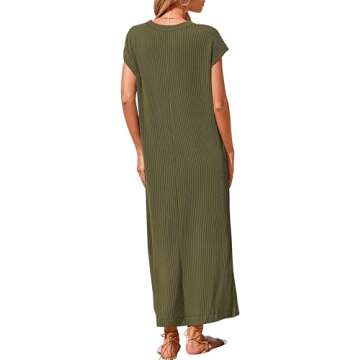 KIRUNDO Womens Summer Dresses Ribbed Knit Henley Short Sleeve Maxi Dress Button Up Loose Slit Beach ...