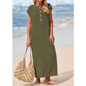 KIRUNDO Womens Ribbed Knit Henley Maxi Dress for Summer