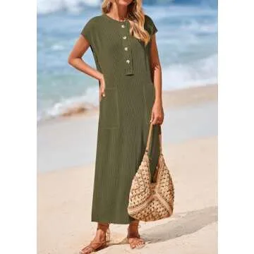 KIRUNDO Womens Ribbed Knit Henley Maxi Dress for Summer