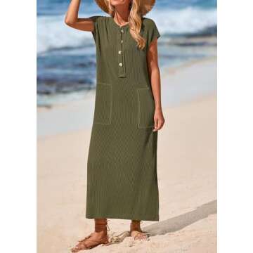 KIRUNDO Womens Ribbed Knit Henley Maxi Dress for Summer