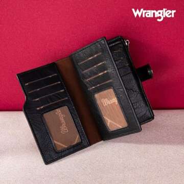 Wrangler Wallet for Women Bifold Card Holder with Zipper Pocket Ladies Clutch Purse with ID Window Black