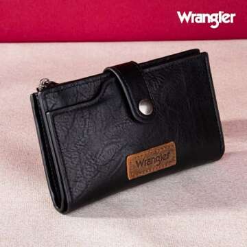 Wrangler Wallet for Women Bifold Card Holder with Zipper Pocket Ladies Clutch Purse with ID Window Black