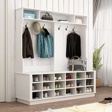 Homsee Extra Wide Modern Hall Tree with Storage Bench, 4-in-1 Entryway Bench with Coat Rack, Tall Ha...