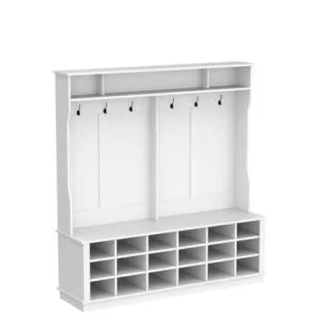 Homsee Extra Wide Modern Hall Tree with Storage Bench, 4-in-1 Entryway Bench with Coat Rack, Tall Hall Tree with 6 Metal Hooks, Shelves & 18 Storage Cubes for Hallway, Living Room, White