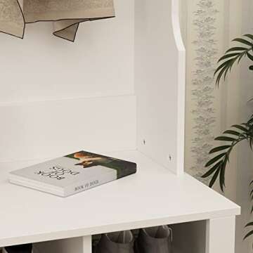 Homsee Extra Wide Modern Hall Tree with Storage Bench, 4-in-1 Entryway Bench with Coat Rack, Tall Hall Tree with 6 Metal Hooks, Shelves & 18 Storage Cubes for Hallway, Living Room, White