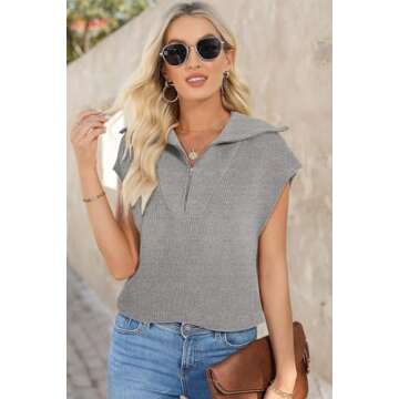 Dokotoo Women's Casual Sleeveless Half Zip Pullover Sweaters Resort Wear for Women 2025 Spring V Neck Collar Ribbed Knitted Loose Jumper Tops Womens Summer Tops Light Grey Small