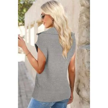 Dokotoo Women's Casual Sleeveless Half Zip Pullover Sweaters Resort Wear for Women 2025 Spring V Neck Collar Ribbed Knitted Loose Jumper Tops Womens Summer Tops Light Grey Small