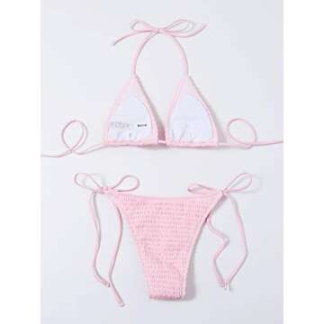 SweatyRocks Women's 2 Piece Triangle Bathing Suit Halter Top Tie Side Thong Bikini Swimsuits Pale Pink L