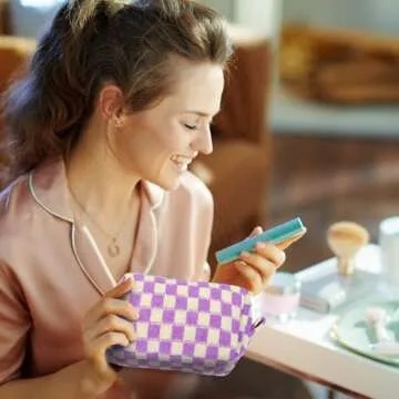 Ovveroche 6 PCS Makeup Bag Pouch Checkered Makeup Bag Cosmetic Bag for Women Portable Zipper Make Up Pouch Travel Toiletry Bag Organizer Cute Makeup Brushes Storage Bag for Women Girls