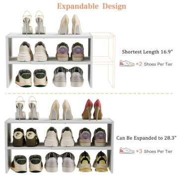 White Shoe Rack Organizer for Closet, 2-Tier Expandable Shoe Shelf, Stackable Iron Wood Combination Small Shoe Racks Shelves for Closets, Entryway,Small Space,Hallway,Garage,6-12 Pairs,Patent Pending