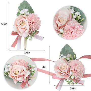 CEWOR Wrist Corsage Boutonniere Pink Rose Wristlet Band Bracelet and Men Boutonniere Set for Rustic Vintage Wedding Accessories Prom Party Decorations