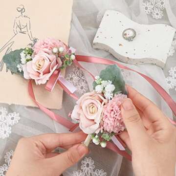 CEWOR Wrist Corsage Boutonniere Pink Rose Wristlet Band Bracelet and Men Boutonniere Set for Rustic Vintage Wedding Accessories Prom Party Decorations