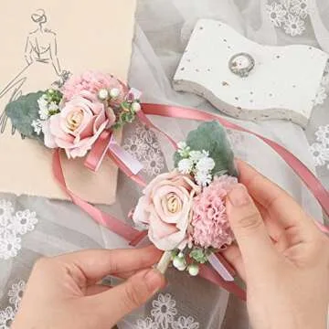 CEWOR Silk Wrist Corsage and Boutonniere Wedding Set