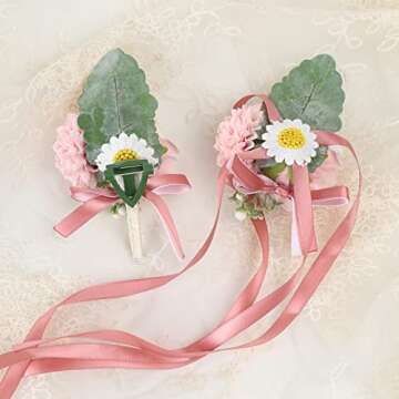 CEWOR Wrist Corsage Boutonniere Pink Rose Wristlet Band Bracelet and Men Boutonniere Set for Rustic Vintage Wedding Accessories Prom Party Decorations