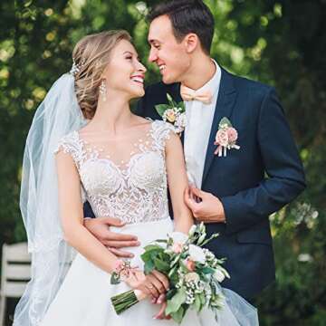 CEWOR Wrist Corsage Boutonniere Pink Rose Wristlet Band Bracelet and Men Boutonniere Set for Rustic Vintage Wedding Accessories Prom Party Decorations