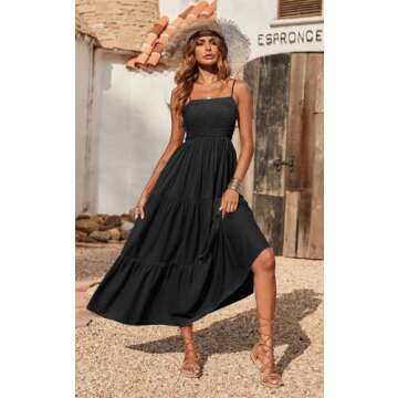 PRETTYGARDEN Women's Summer Maxi Dress 2025 Casual Boho Sleeveless Spaghetti Strap Smocked Tiered Long Beach Vacation Sundresses (Black,M)