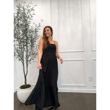 PRETTYGARDEN Women's Summer Maxi Dress 2025 Casual Boho Sleeveless Spaghetti Strap Smocked Tiered Long Beach Vacation Sundresses (Black,M)