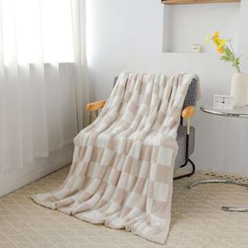 Microfiber Khaki Checkered Throw Blanket Ultra Lightweight Soft Cozy Warm Fluffy Knitted Camping Bla...