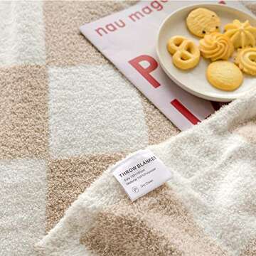Microfiber Khaki Checkered Throw Blanket Ultra Lightweight Soft Cozy Warm Fluffy Knitted Camping Blanket for Sofa Bed Decor (Khaki, 50 x 60 in)