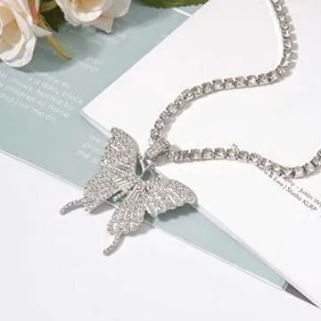 Ckecharfa Rhinestone Butterfly Choker Necklace Silver Sparkly Adjustable Crsytal Necklaces Chain for Women