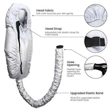 Segbeauty Bonnet Hooded Hair Dryer Attachment, Extra Large Upgraded Drying Heat Cap with Elastic Strap, Adjustable Deep Conditioning Cap for Natural Curly Textured Hair Care Styling Fast Drying Sliver