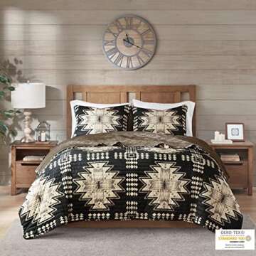 Woolrich Sierra Oversized Quilt Set - Stylish Aztec Southwestern Printed Coverlet and Matching Shams, Cozy Plush Bedding Layer with Solid Color Reverse, King/Cal King Tan/Black 3 Piece