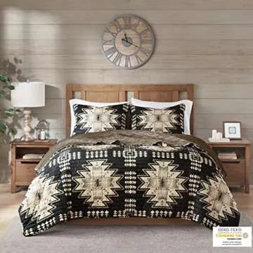 Woolrich Sierra Oversized Quilt Set - Stylish Aztec Southwestern Printed Coverlet and Matching Shams, Cozy Plush Bedding Layer with Solid Color Reverse, King/Cal King Tan/Black 3 Piece
