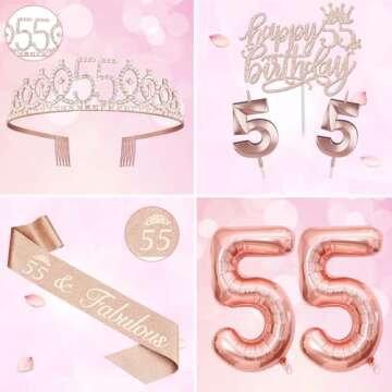 55 Birthday Decorations for Women Including 55th Birthday Sash, 55 Birthday Tiara, Birthday Candles and Cake Topper, Number 55 Balloons, 55th Birthday Decorations Birthday Party Favor Supplies