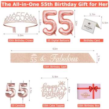 55 Birthday Decorations for Women Including 55th Birthday Sash, 55 Birthday Tiara, Birthday Candles and Cake Topper, Number 55 Balloons, 55th Birthday Decorations Birthday Party Favor Supplies