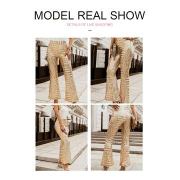 Bdcoco Womens High Waist Sequin Sparkle Flared Pants Wide Leg Bell Bottom Trousers Apricot