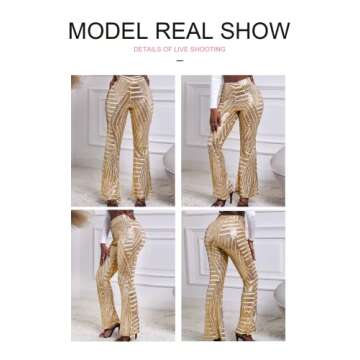 Bdcoco Womens High Waist Sequin Sparkle Flared Pants Wide Leg Bell Bottom Trousers Apricot