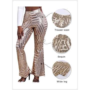 Bdcoco Womens High Waist Sequin Sparkle Flared Pants Wide Leg Bell Bottom Trousers Apricot