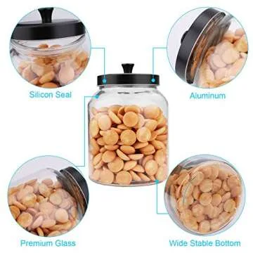 Glass Jars With Sealed Lids,Clear Glass Food Storage Container with Black Brushed Metal lids,100 OZ(Set of 3)
