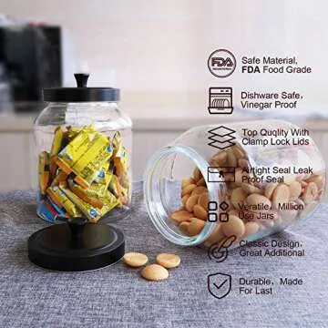 Glass Jars With Sealed Lids,Clear Glass Food Storage Container with Black Brushed Metal lids,100 OZ(Set of 3)