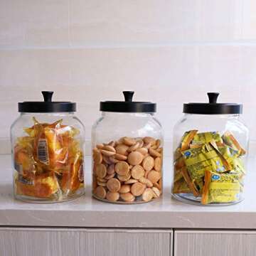 Glass Jars With Sealed Lids,Clear Glass Food Storage Container with Black Brushed Metal lids,100 OZ(Set of 3)