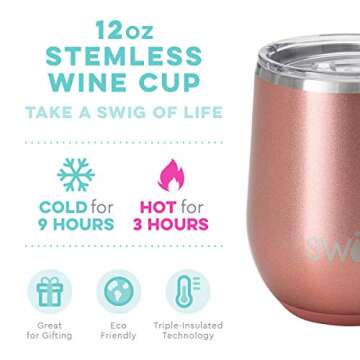 Swig Life 12oz Wine Tumbler with Lid, Stainless Steel, Dishwasher Safe, Portable, Triple Insulated Wine Tumbler (Rose Gold)