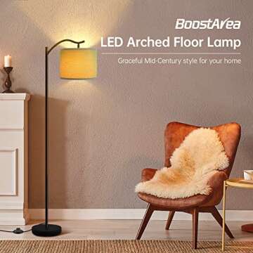 Floor Lamp for Living Room,9W LED Arched Floor Lamp,Tall Modern Standing Lamp with Linen Shade,3 Brightness Levels,E26 Socket, Footswitch, Mid Century Floor Lamp for Bedrooms,Office,Gray Linen Shade