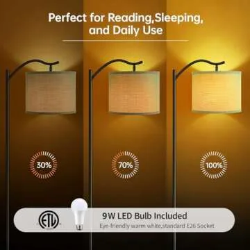 Floor Lamp for Living Room,9W LED Arched Floor Lamp,Tall Modern Standing Lamp with Linen Shade,3 Brightness Levels,E26 Socket, Footswitch, Mid Century Floor Lamp for Bedrooms,Office,Gray Linen Shade