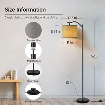 Floor Lamp for Living Room,9W LED Arched Floor Lamp,Tall Modern Standing Lamp with Linen Shade,3 Brightness Levels,E26 Socket, Footswitch, Mid Century Floor Lamp for Bedrooms,Office,Gray Linen Shade