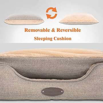 DEBANG HOME Dog Bed,Dog Beds for Medium Dogs,Cat Bed,Calming Dog Bed,Anxiety Comfy Durable Pet Beds with Reversible&Washable Cushion,Rectangle Dog Bed in Grey Color (Small, Beige)