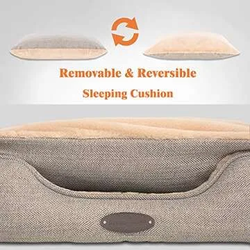 DEBANG HOME Dog Bed,Dog Beds for Medium Dogs,Cat Bed,Calming Dog Bed,Anxiety Comfy Durable Pet Beds with Reversible&Washable Cushion,Rectangle Dog Bed in Grey Color (Small, Beige)