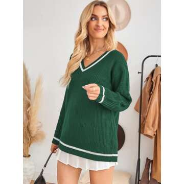 Poetsky Women's Sweater V Neck Soft Knit Pullover Sweaters Long Sleeve Striped Colorblock Winter Sweater Tops, Green L