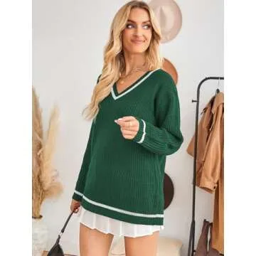 Poetsky Women's Sweater V Neck Soft Knit Pullover Sweaters Long Sleeve Striped Colorblock Winter Sweater Tops, Green L