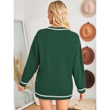 Poetsky Women's Sweater V Neck Soft Knit Pullover Sweaters Long Sleeve Striped Colorblock Winter Sweater Tops, Green L
